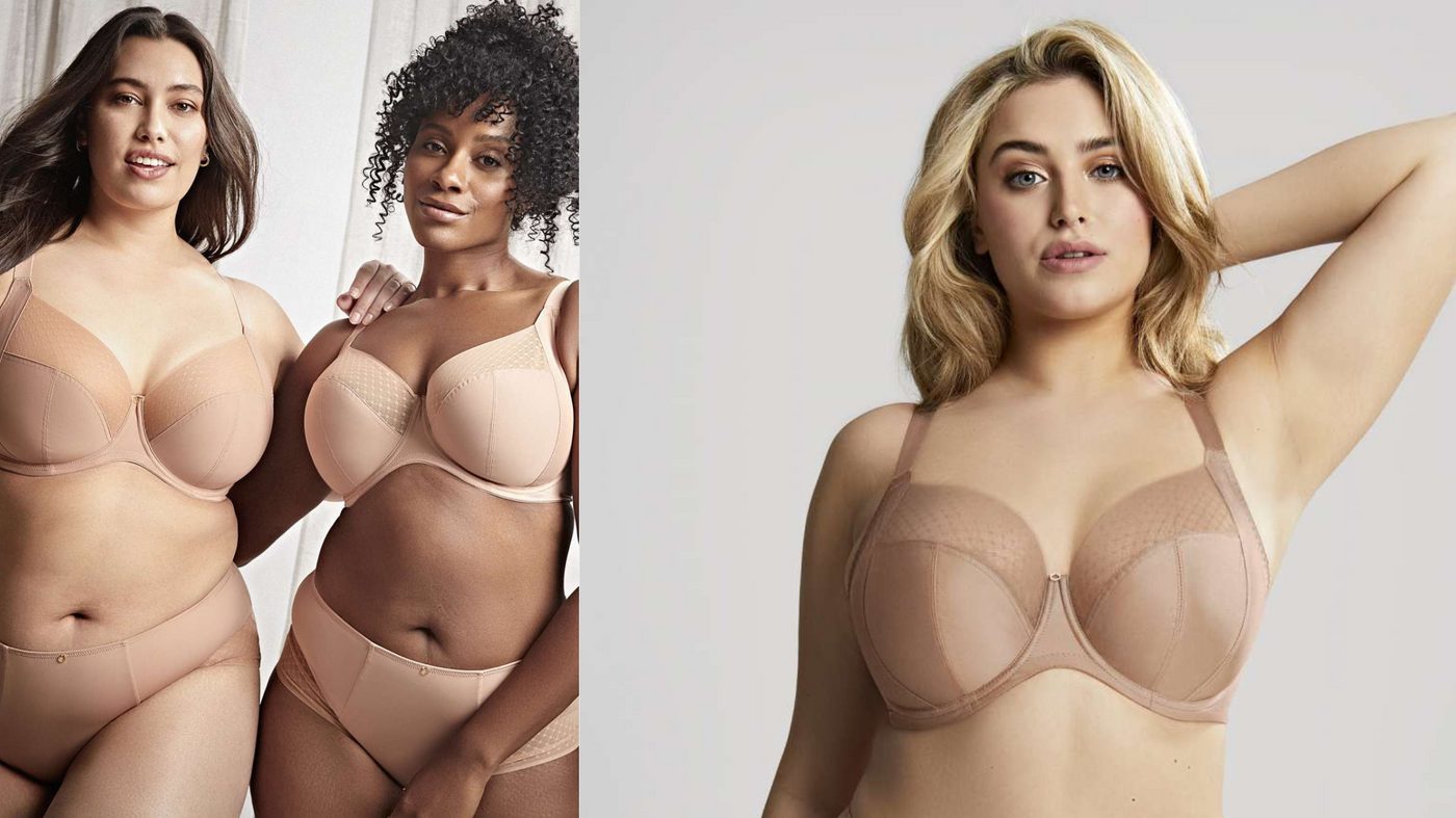 On the left two woman wearing matching full bust beige underwire bras. On the right a close up of a woman wearing a full bust beige underwire bra.