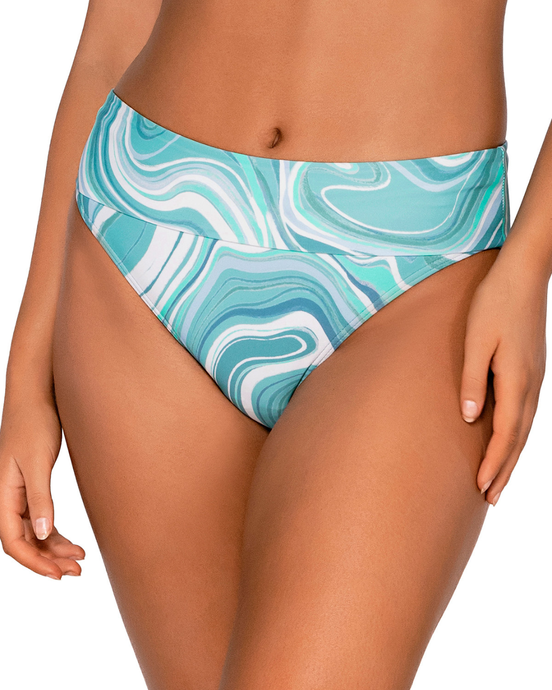 Model wearing a high waist fold over bikini bottom in a pale turquoise and white swirl print.