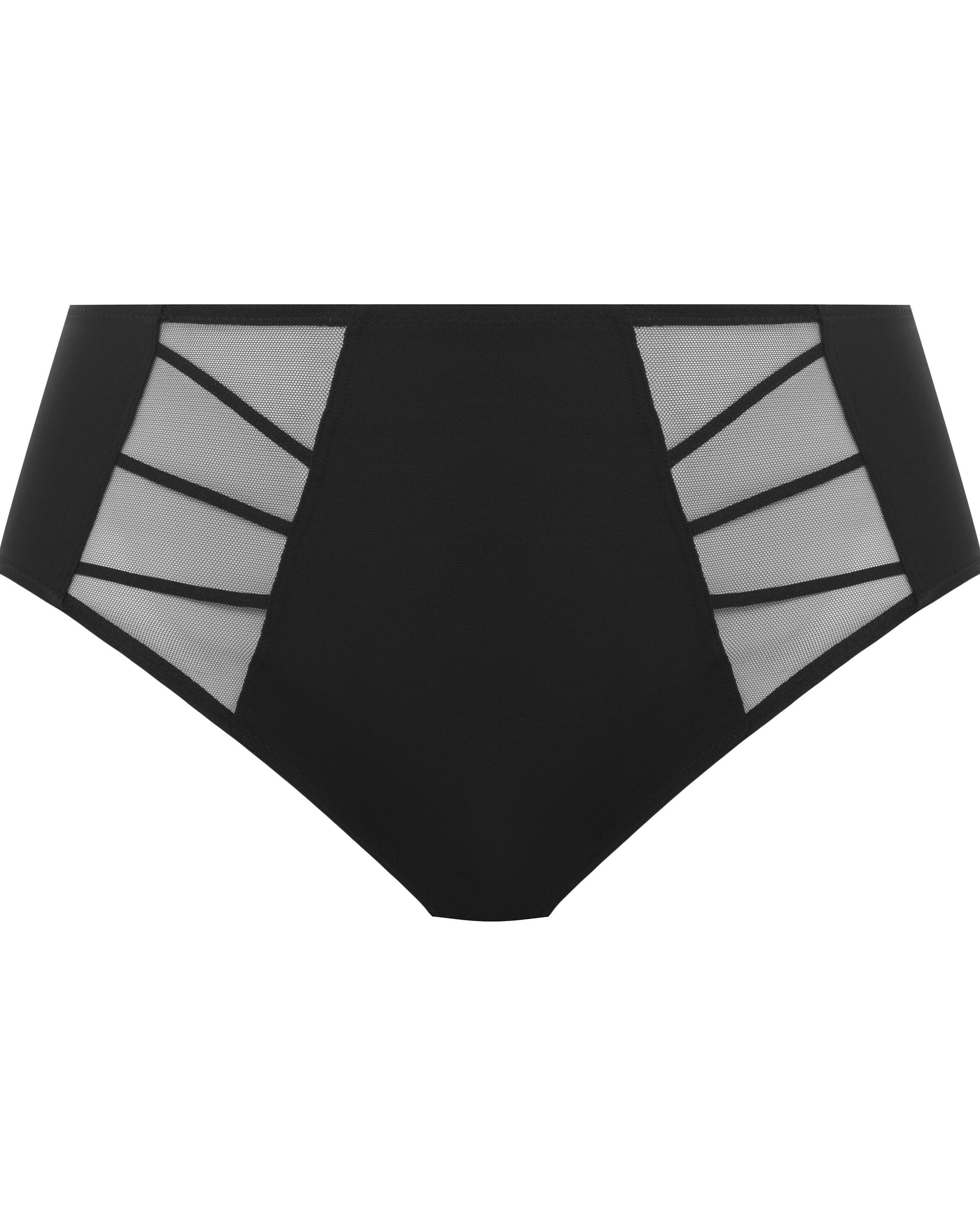 Flat lay of a high waist full brief panty with mesh inserts in black