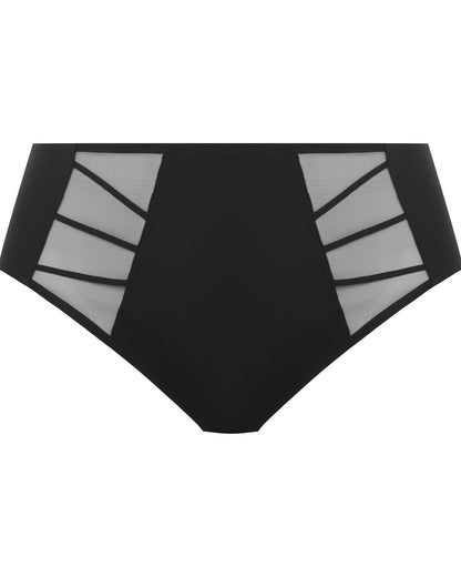Flat lay of a high waist full brief panty with mesh inserts in black
