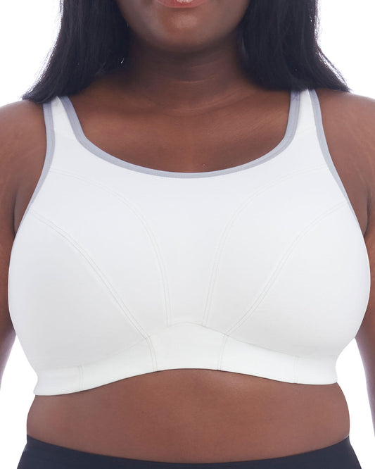 Model wearing a wire free sports bra in white