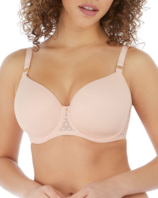 Model wearing a molded t-shirt underwire bra in pink