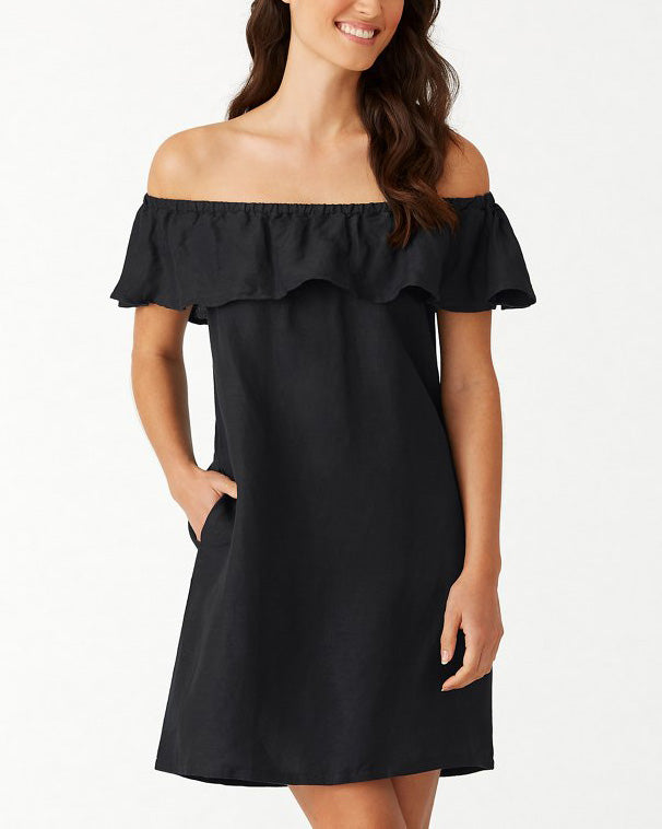 Tommy Bahama Women's Swim Linen Off The Shoulder Dress - Black - XL Tommy Bahama Women's Swim Linen Off The Shoulder Dress - Black - XL