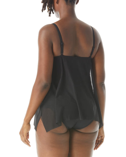 Model wearing a tankini top with underwire in black