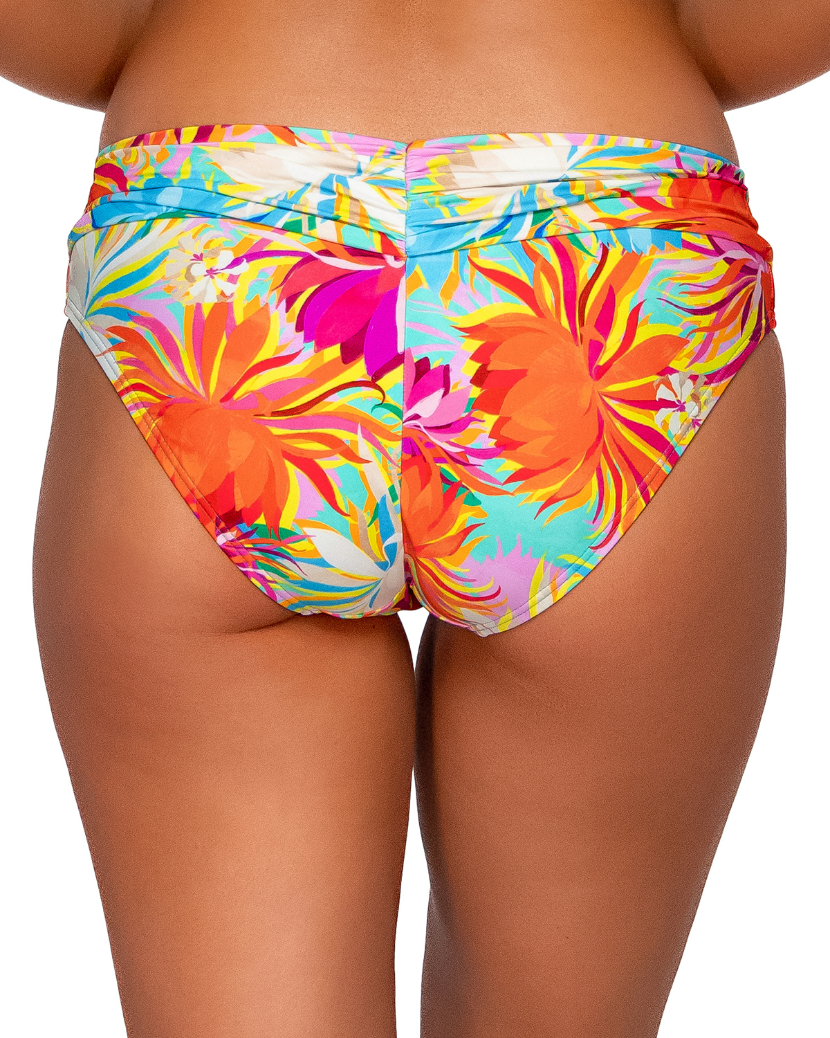Model wearing a hipster bottom in an orange, yellow, turquoise and pink floral print.