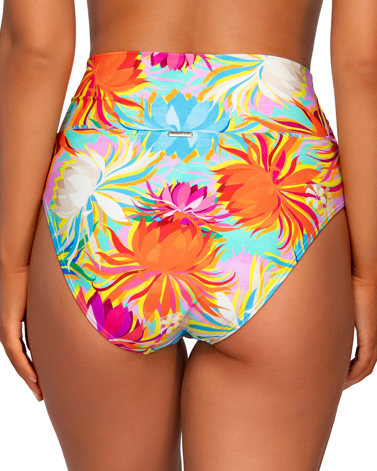 Model wearing a high waist fold over bottom in a orange, yellow, turquoise and pink floral print.