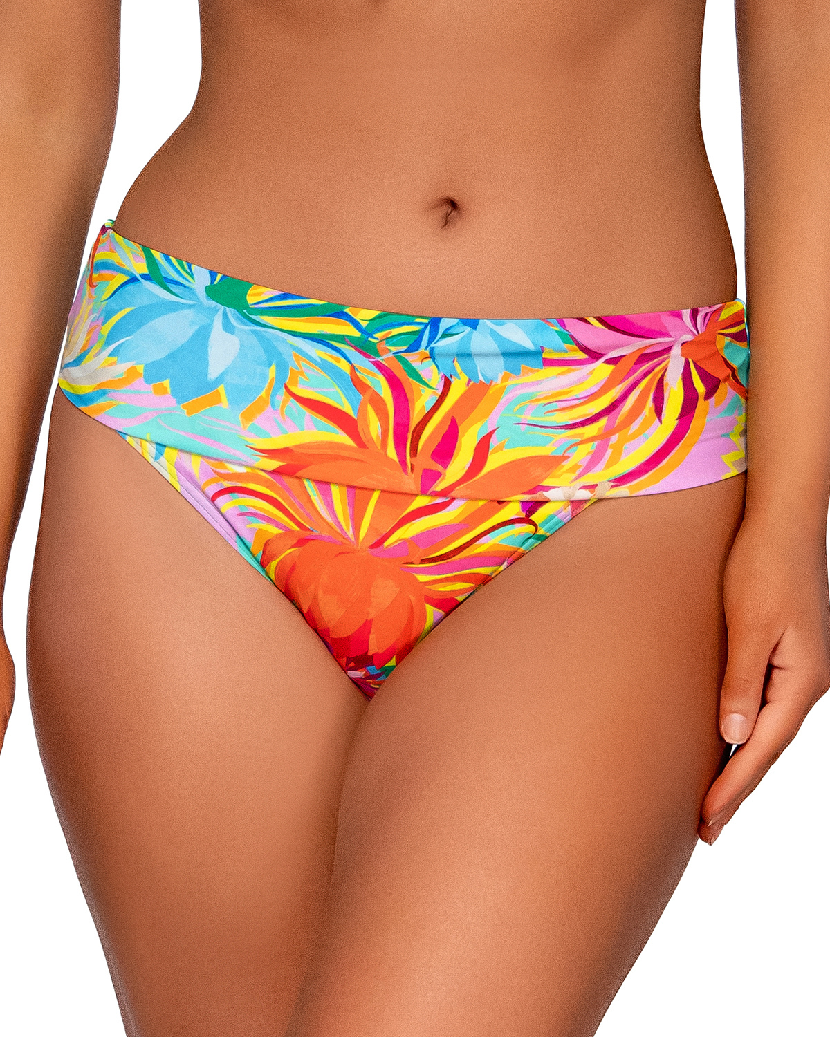 Model wearing a high waist fold over bottom in a orange, yellow, turquoise and pink floral print.