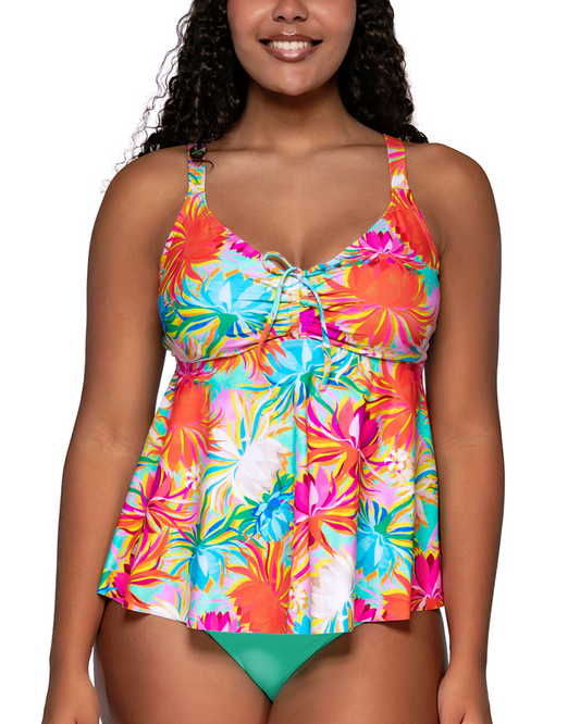 Model wearing a babydoll style tankini with hidden underwire in an orange, turquoise, white and pink floral print.