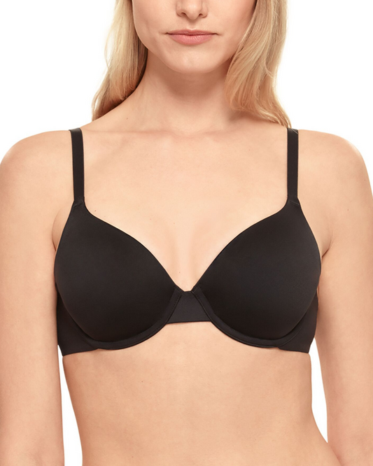 Model wearing a molded underwire t-shirt bra in black