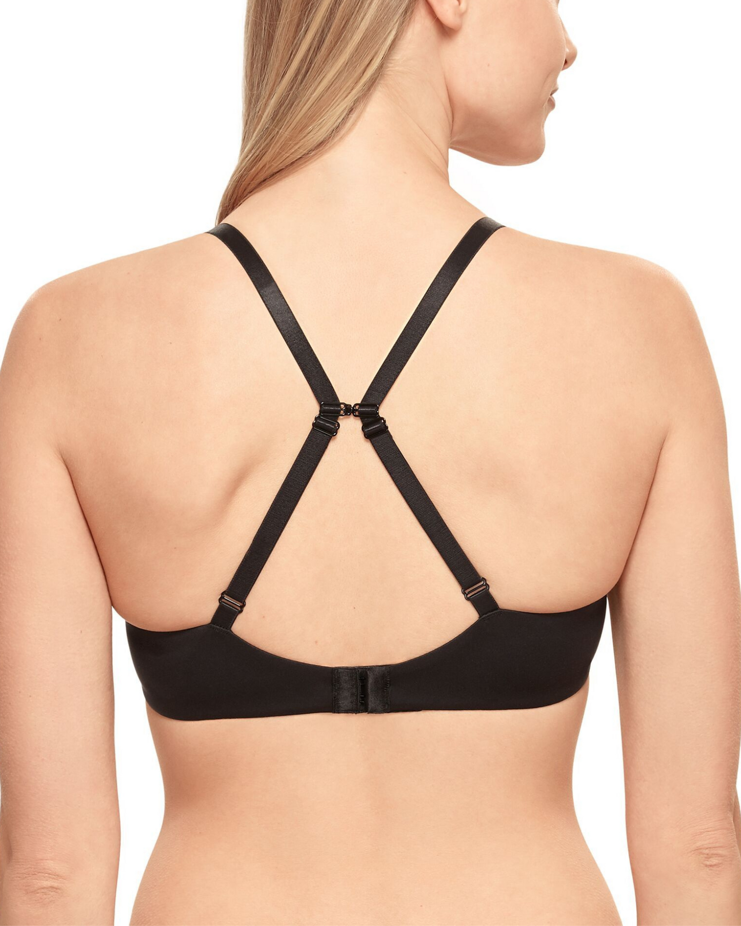 Model wearing a molded underwire t-shirt bra in black