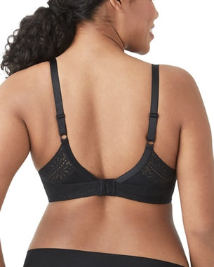 Model wearing a molded wire-free t-shirt bra with lace wings in black