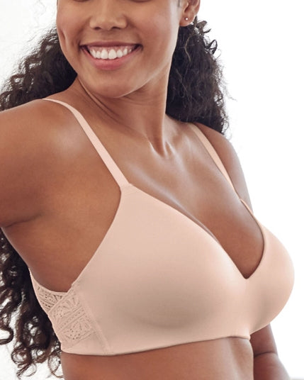 Model wearing a wire free bra with lace in light pink