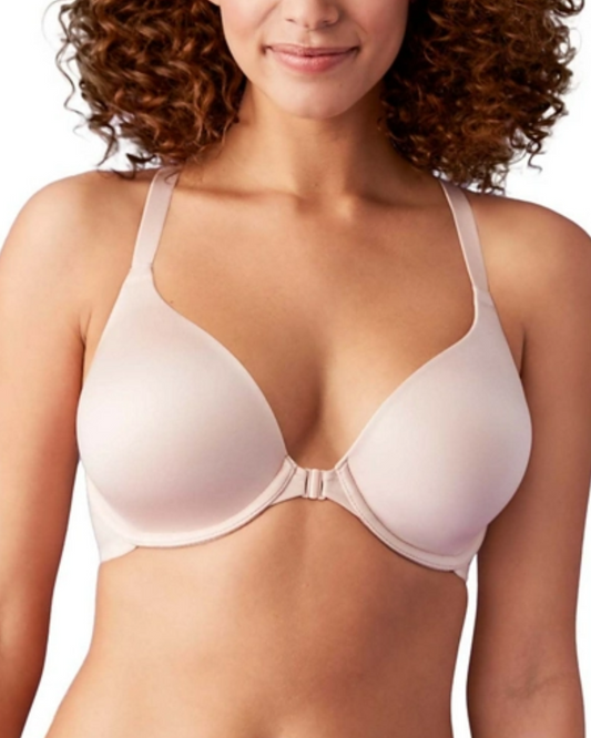 Model wearing a molded underwire front-closure t-shirt bra with a lace t-back in light pink