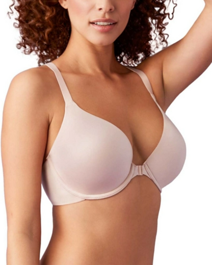 Model wearing a molded underwire front-closure t-shirt bra with a lace t-back in light pink