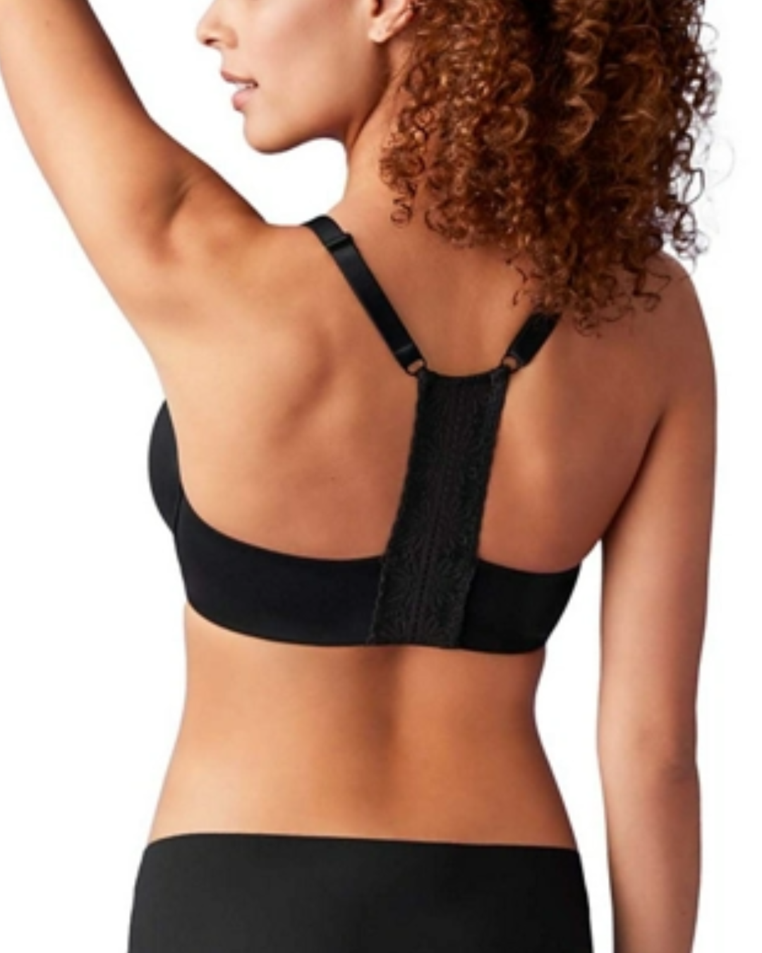 Model wearing a molded underwire front-closure t-shirt bra with a lace t-back and adjustable straps in black