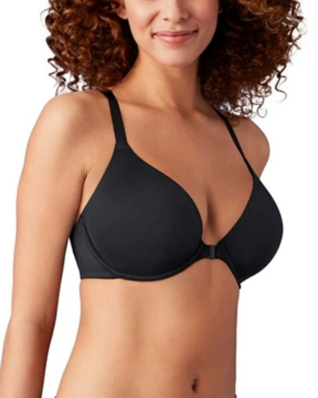 Model wearing a molded underwire front-closure t-shirt bra with a lace t-back in black