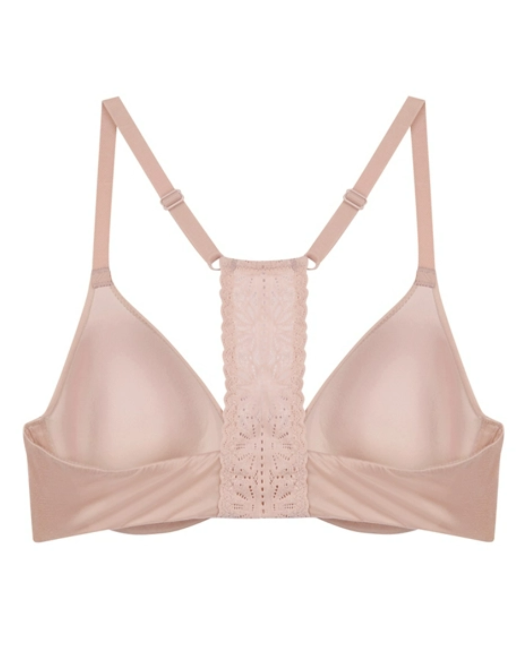 Flat lay of a molded underwire front-closure t-shirt bra with a lace t-back and adjustable straps in light pink