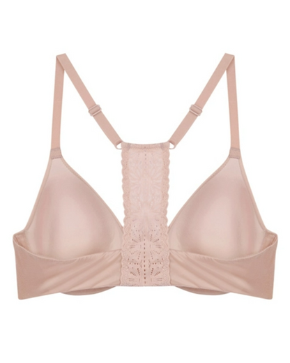 Flat lay of a molded underwire front-closure t-shirt bra with a lace t-back and adjustable straps in light pink