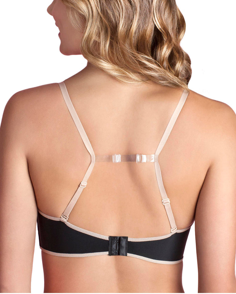 Model wearing a clear strap converter to bring straps  into a racerback or t-back.